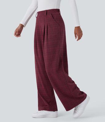 High Waisted Pocket Wide Leg Houndstooth Plaid Casual Pants