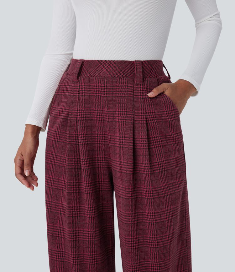 High Waisted Pocket Wide Leg Houndstooth Plaid Casual Pants