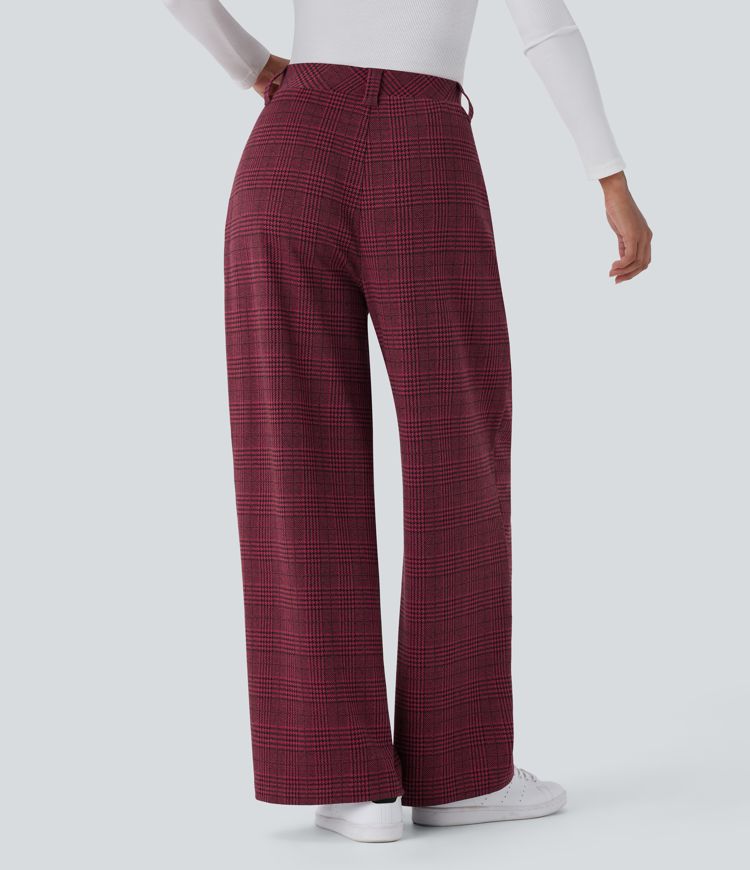 High Waisted Pocket Wide Leg Houndstooth Plaid Casual Pants