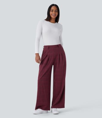 High Waisted Pocket Wide Leg Houndstooth Plaid Casual Pants