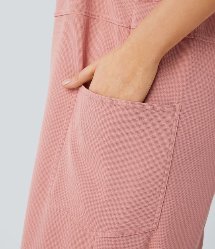 V Neck Side Pocket Waffle Casual Dungarees