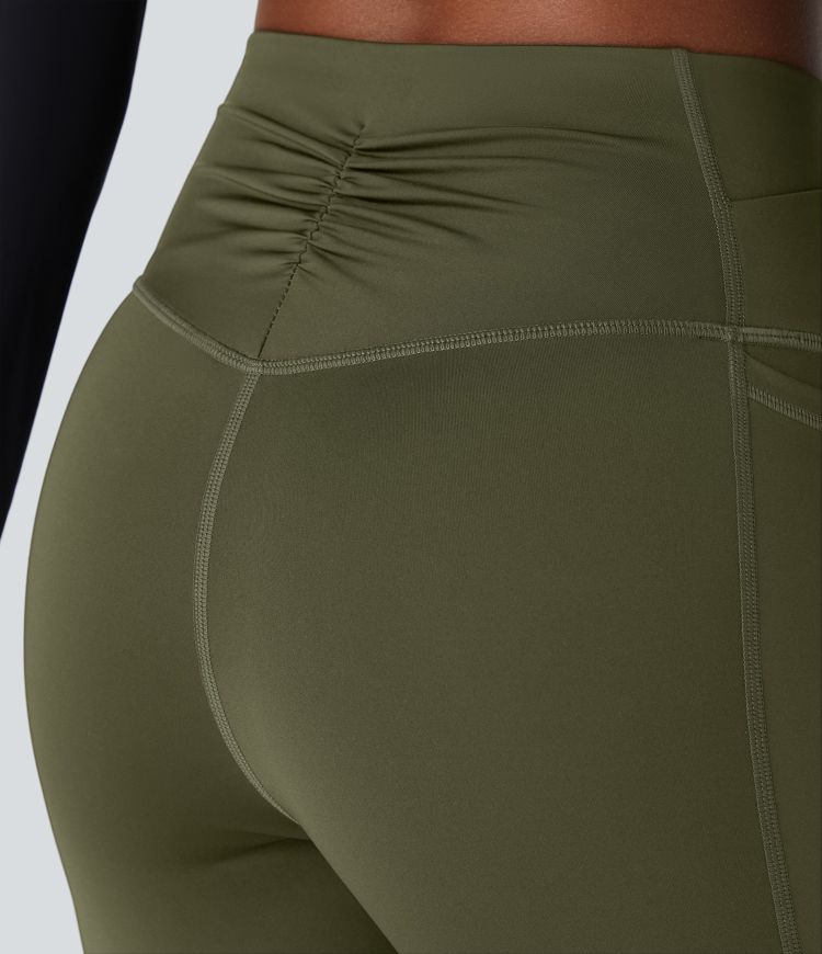 Wear-Resistant Crossover High Waisted Tummy Control Ruched Pocket 7/8 Workout Leggings