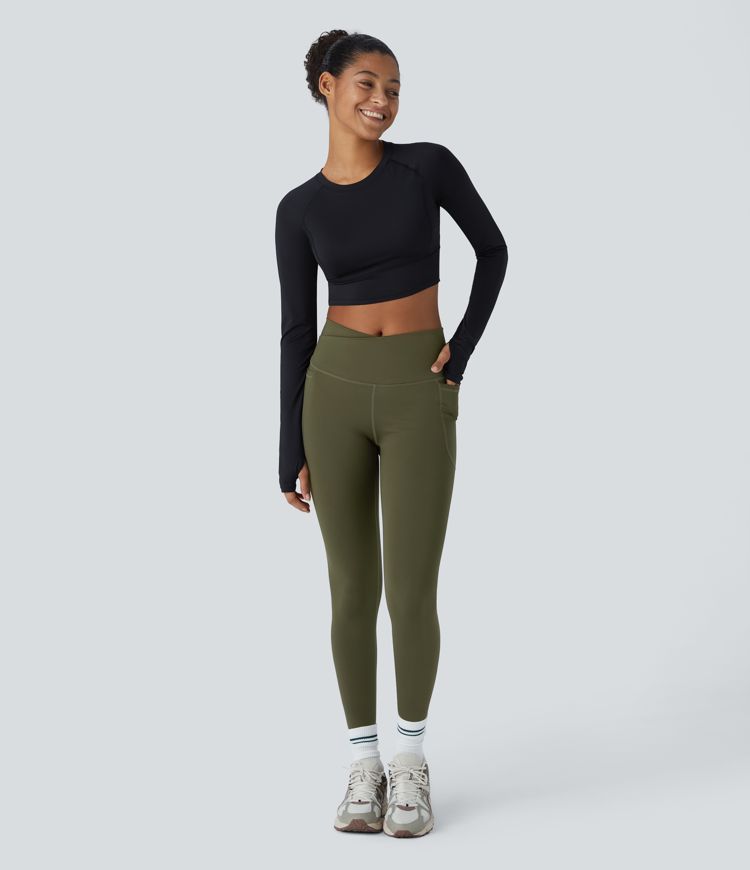 Wear-Resistant Crossover High Waisted Tummy Control Ruched Pocket 7/8 Workout Leggings