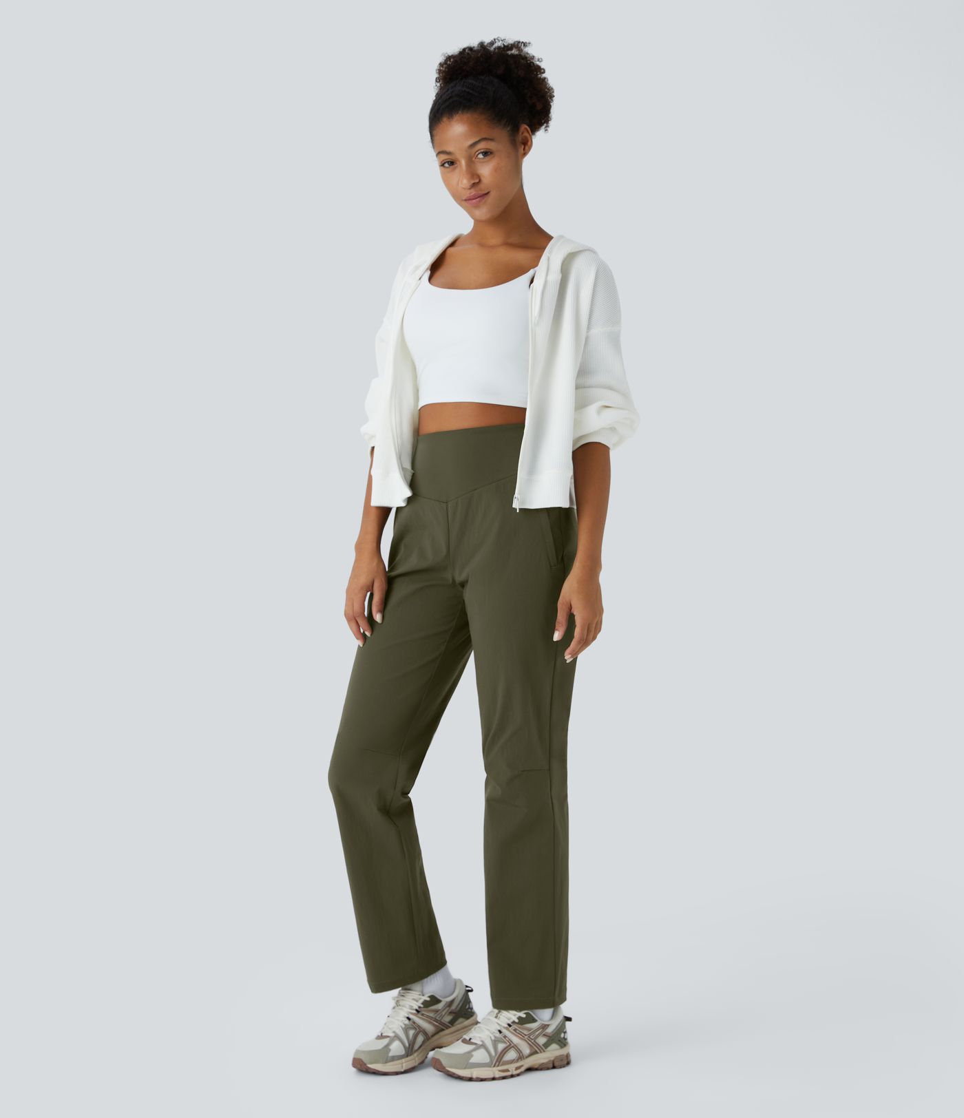 Pantalón acampada tela antidesgarro bolsillo lateral cremallera invisible tiro alto repelente agua