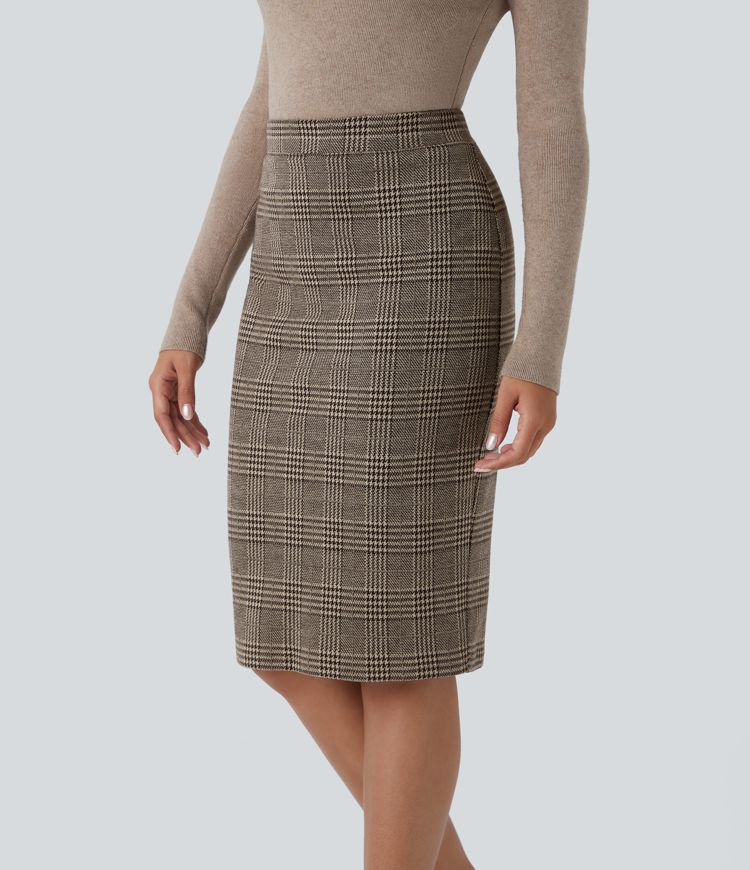 High Waisted Hem Houndstooth Plaid Work Pencil Skirt