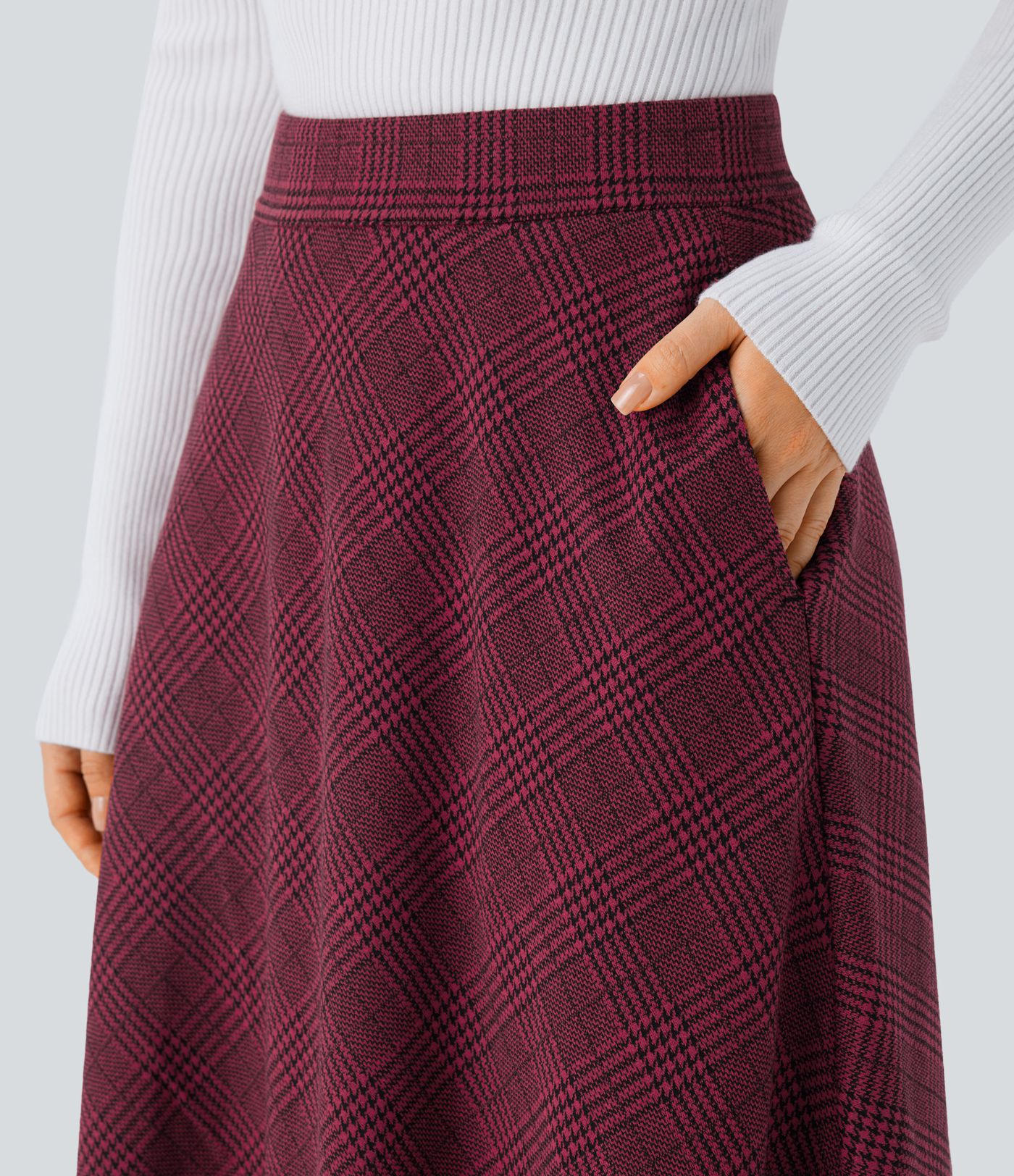 High Waisted Pocket Houndstooth Plaid Flare Midi Casual Skirt