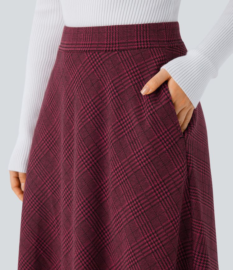 High Waisted Pocket Houndstooth Plaid Flare Midi Casual Skirt