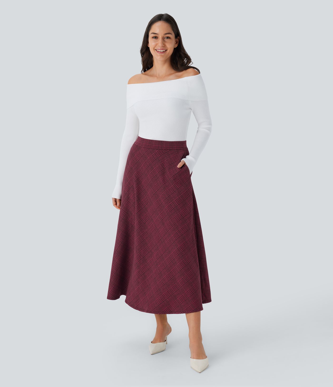 High Waisted Pocket Houndstooth Plaid Flare Midi Casual Skirt