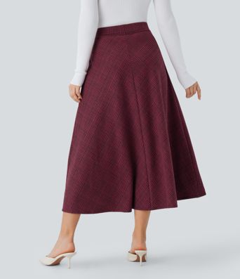 High Waisted Pocket Houndstooth Plaid Flare Midi Casual Skirt