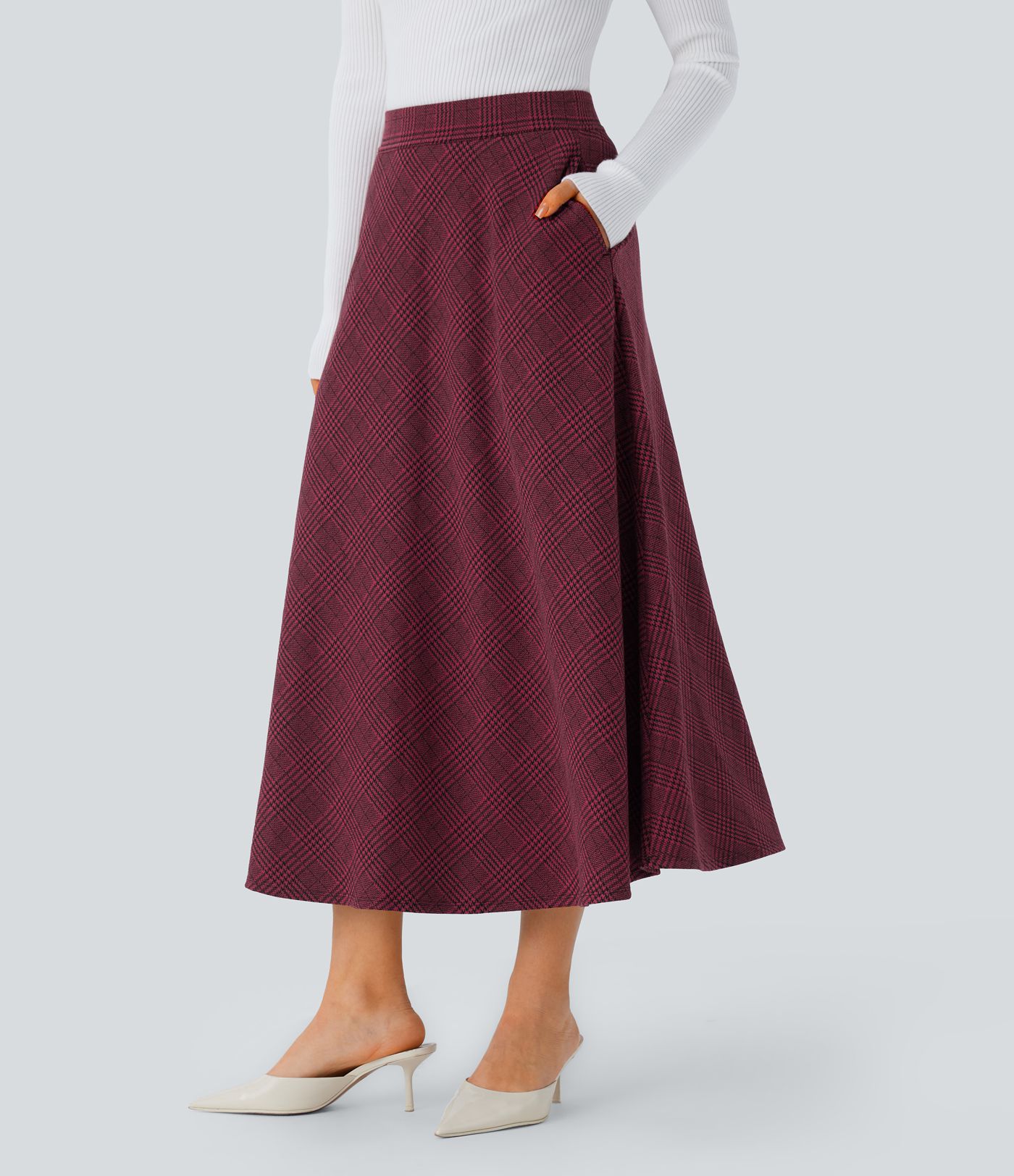 High Waisted Pocket Houndstooth Plaid Flare Midi Casual Skirt