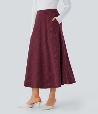 High Waisted Pocket Houndstooth Plaid Flare Midi Casual Skirt