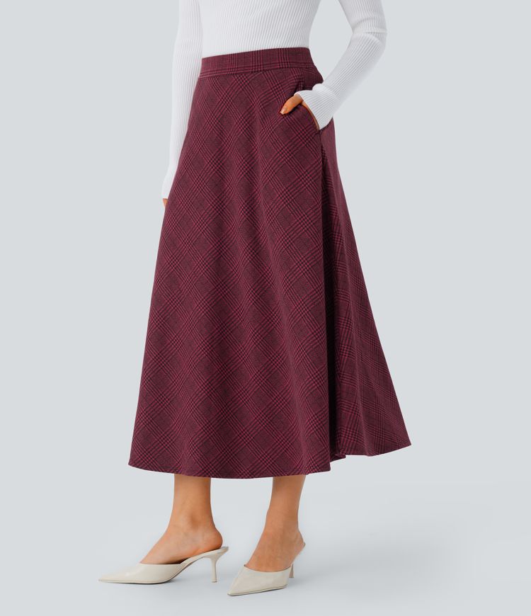 High Waisted Pocket Houndstooth Plaid Flare Midi Casual Skirt