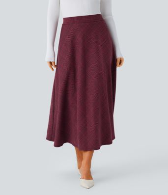 High Waisted Pocket Houndstooth Plaid Flare Midi Casual Skirt