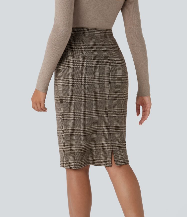 Bleistiftrock mit Hahnentrittmuster, hohem Bund, Schlitzsaum und Karomuster