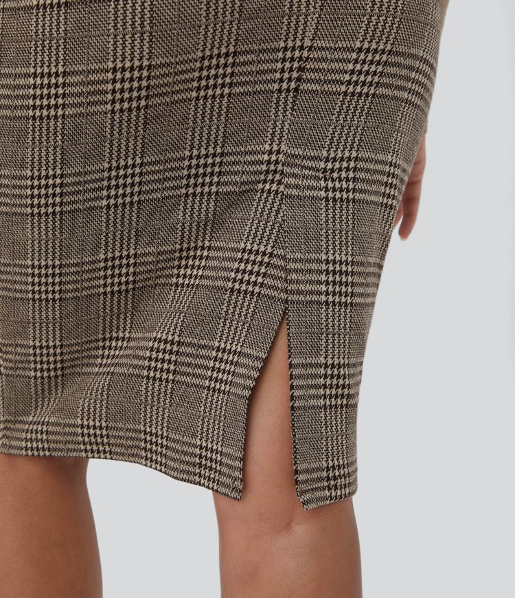 Bleistiftrock mit Hahnentrittmuster, hohem Bund, Schlitzsaum und Karomuster