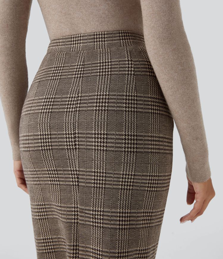 Bleistiftrock mit Hahnentrittmuster, hohem Bund, Schlitzsaum und Karomuster