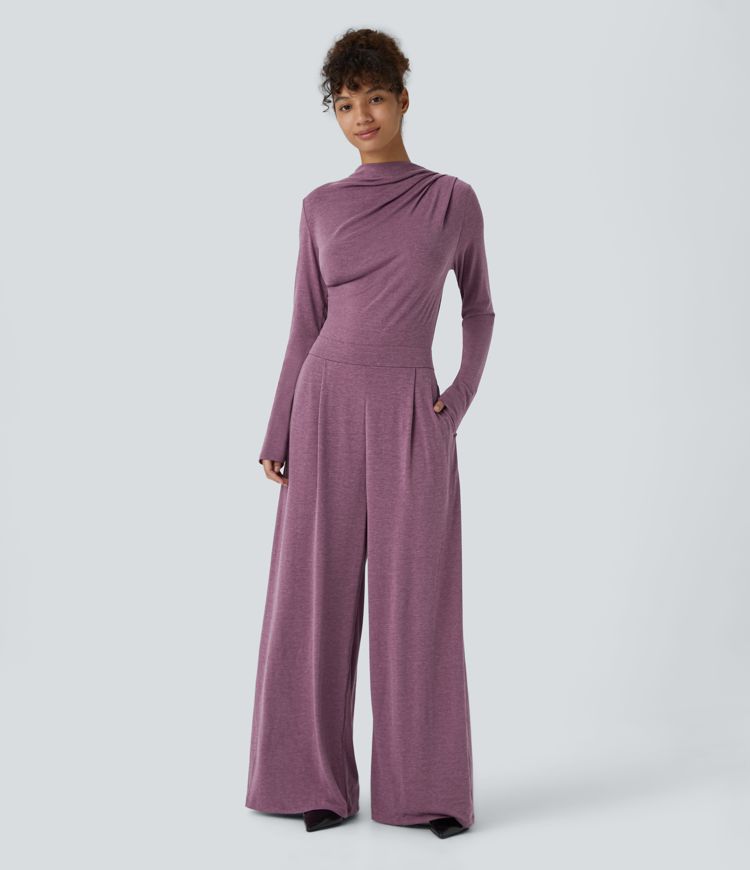 Cowl Neck Ruched Invisible Zipper Long Sleeve Side Pocket Wide Leg Casual Jumpsuit