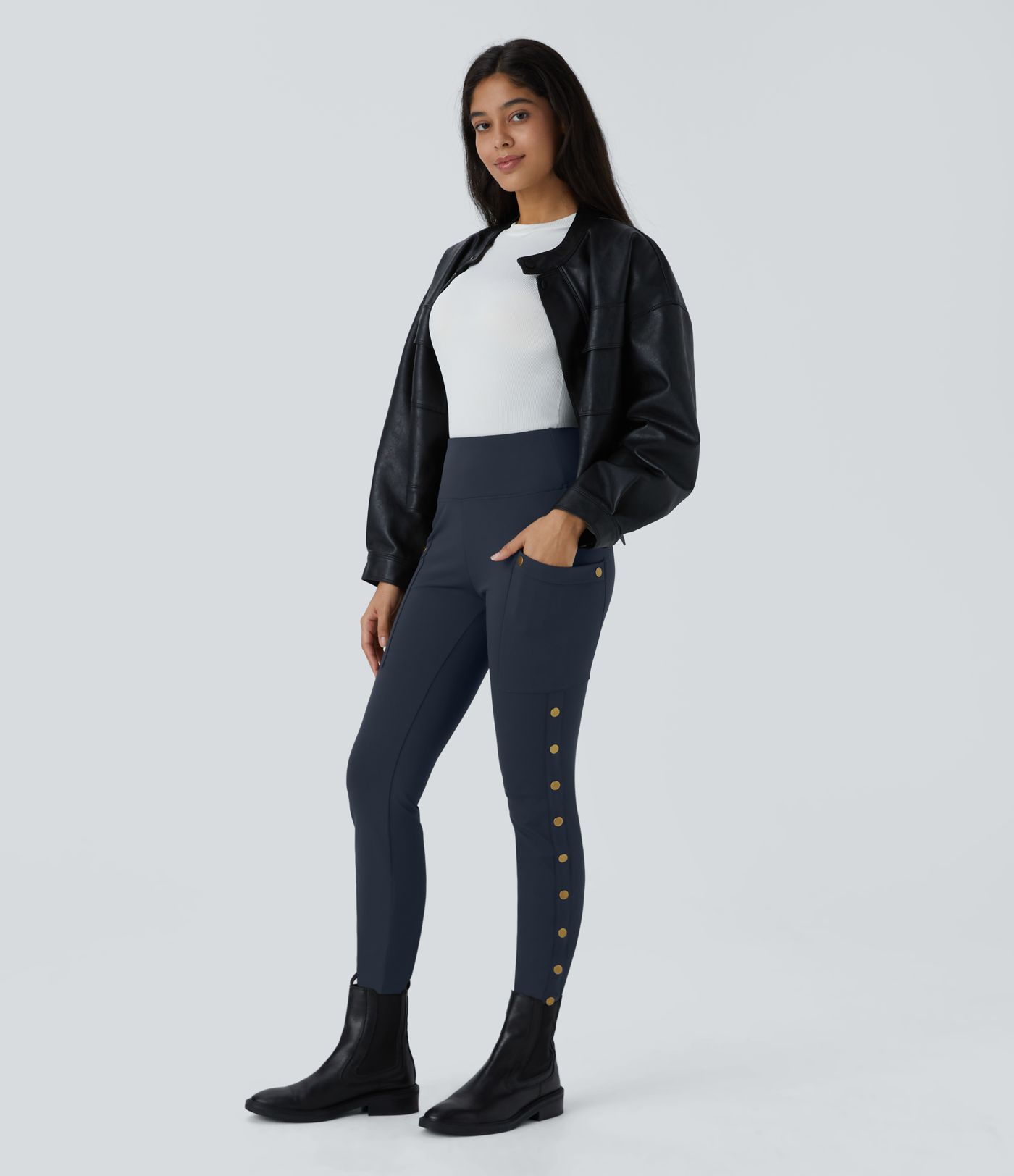 Pantalon ajusté longueur cheville taille haute avec poches décoratives DayStretch