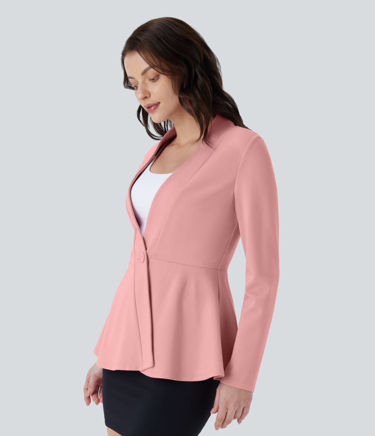 V Neck Single Button Front Work Peplum Jacket