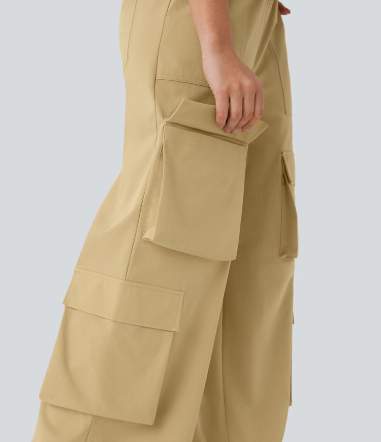 Mid Rise Drawstring Pockets Wide Leg Cargo Casual Trousers