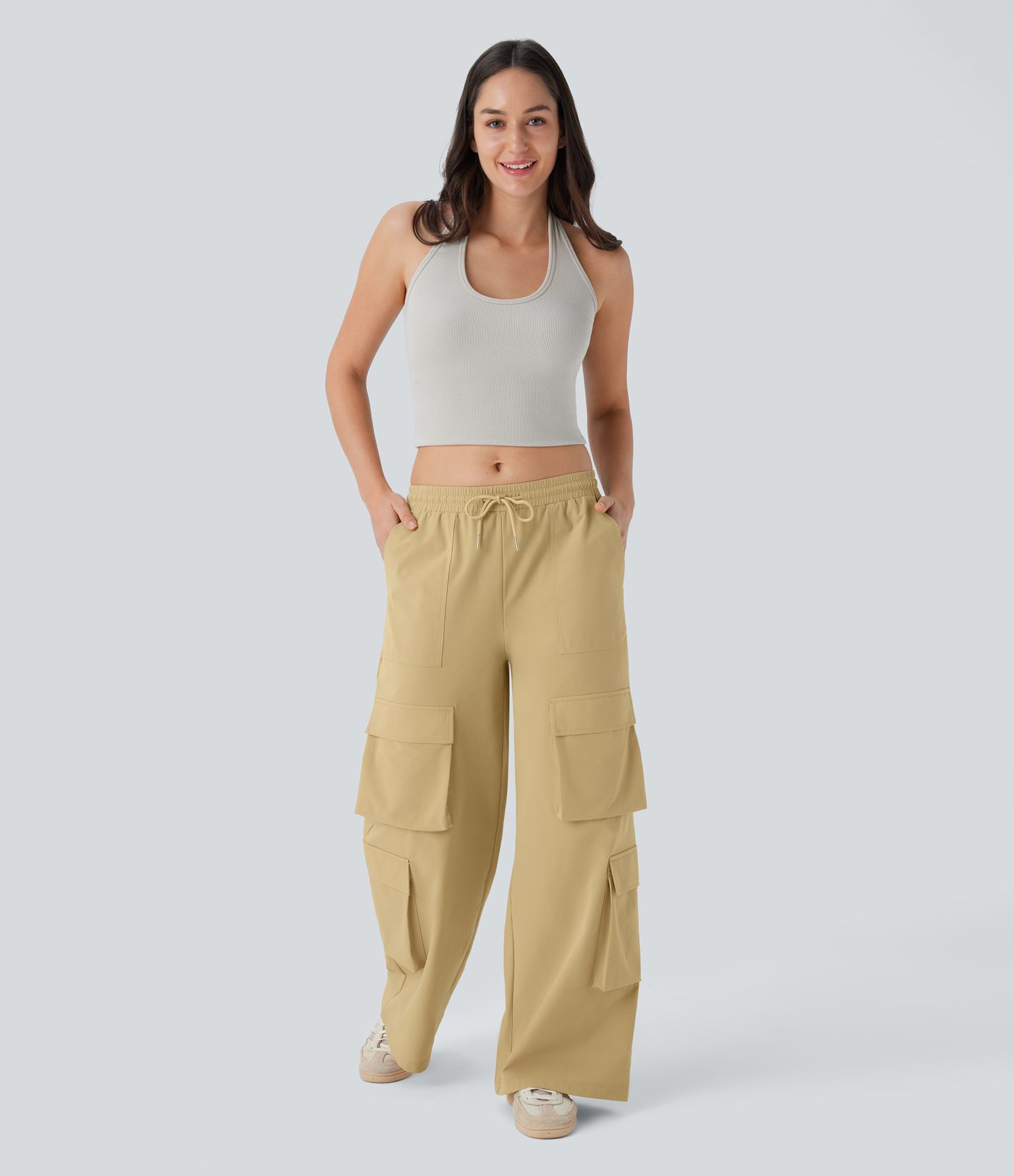 Mid Rise Drawstring Pockets Wide Leg Cargo Casual Trousers