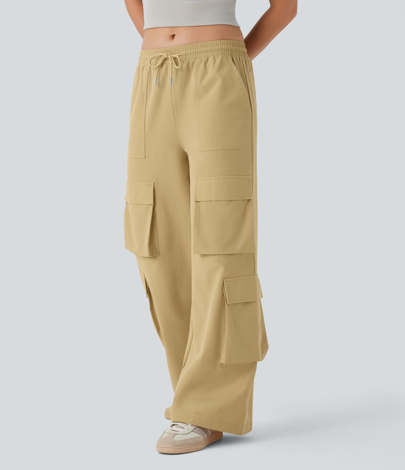 Mid Rise Drawstring Pockets Wide Leg Cargo Casual Trousers