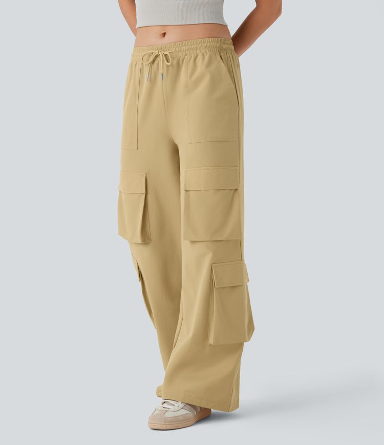 Mid Rise Drawstring Pockets Wide Leg Cargo Casual Trousers