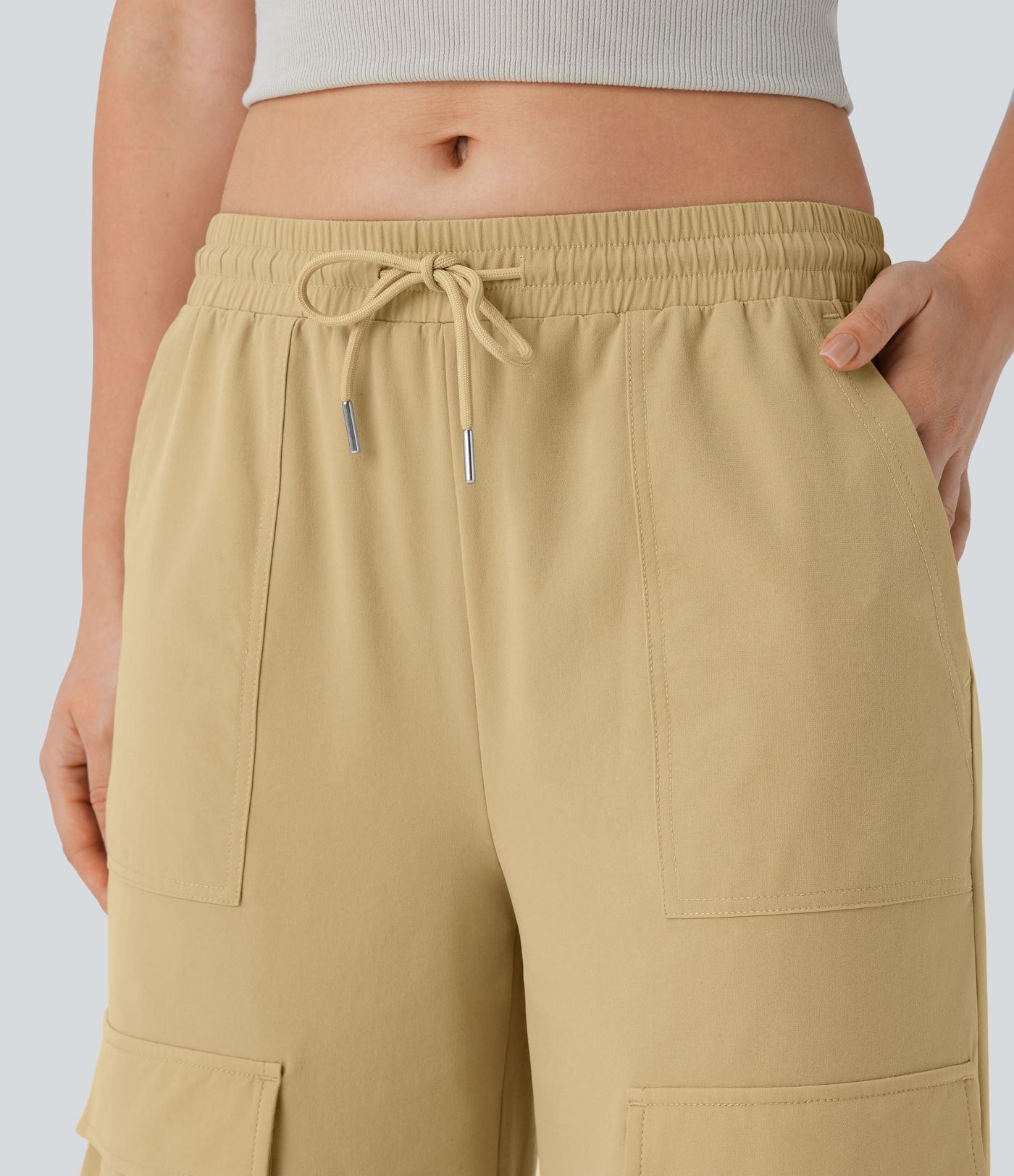 Mid Rise Drawstring Pockets Wide Leg Cargo Casual Trousers