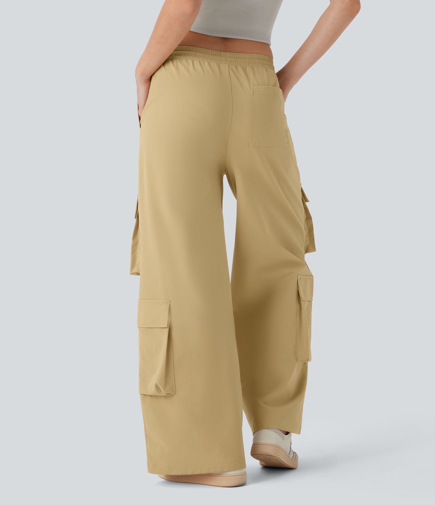Mid Rise Drawstring Pockets Wide Leg Cargo Casual Trousers