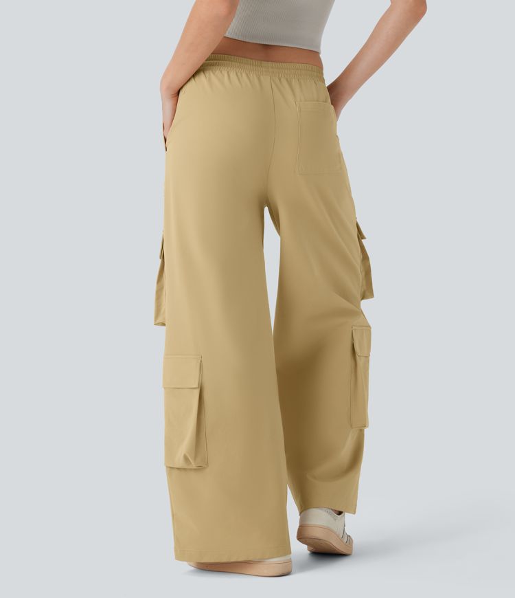 Mid Rise Drawstring Pockets Wide Leg Cargo Casual Trousers