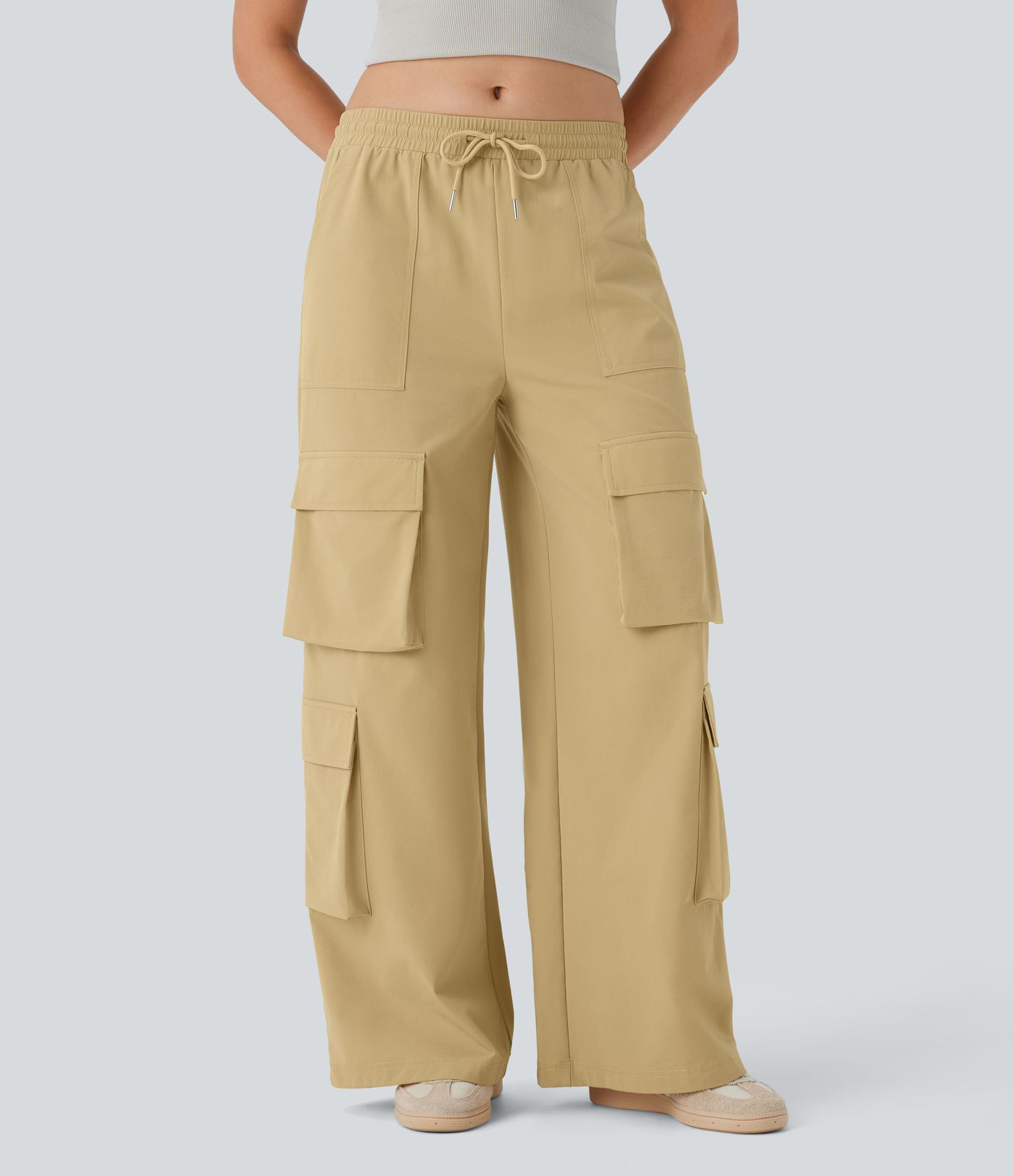 Mid Rise Drawstring Pockets Wide Leg Cargo Casual Trousers