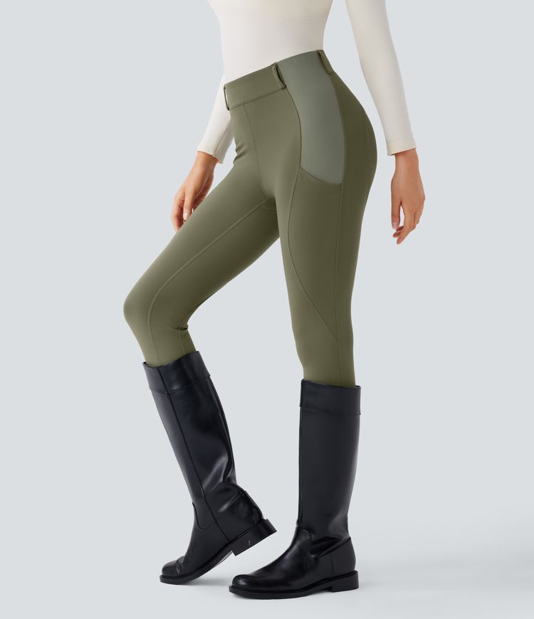 Softlyzero™ Reitleggings mit hoher Taille und Seitentaschen in Kontrastrippe, 7/8, UPF 50+