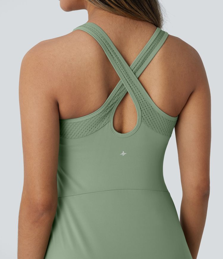 Vestido corto Softlyzero™ Airy yoga activo tacto fresco bolsillo lateral 2 piezas sin espalda entrecruzado - UPF 50+