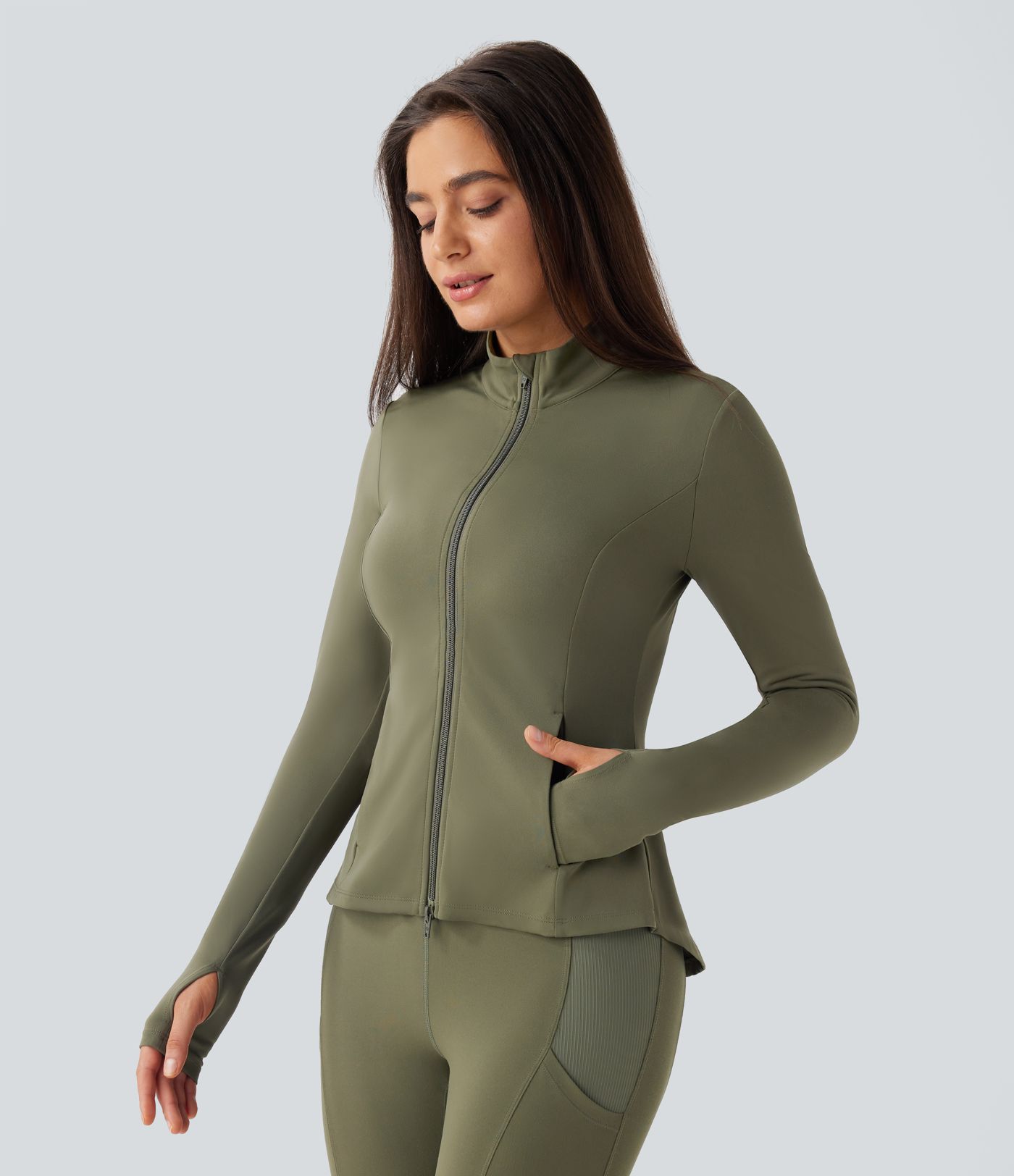 Chaqueta Slim SoftlyZero™ con Cuello Alto, Agujeros para Pulgares, Bolsillos Plisados y Cremallera-UPF50+