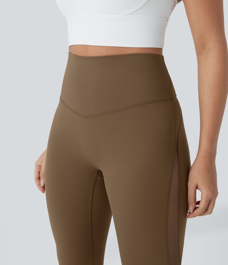 Leggings de entrenamiento 7/8 de cintura alta, moldeadores del abdomen, con cremallera trasera, con bolsillos y malla en contraste
