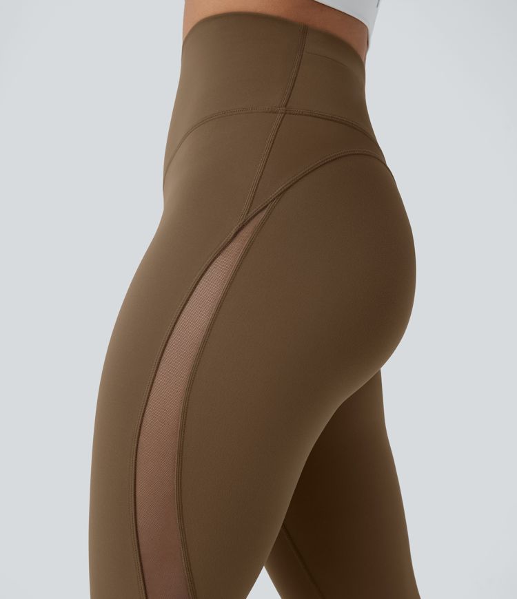 Leggings de entrenamiento 7/8 de cintura alta, moldeadores del abdomen, con cremallera trasera, con bolsillos y malla en contraste