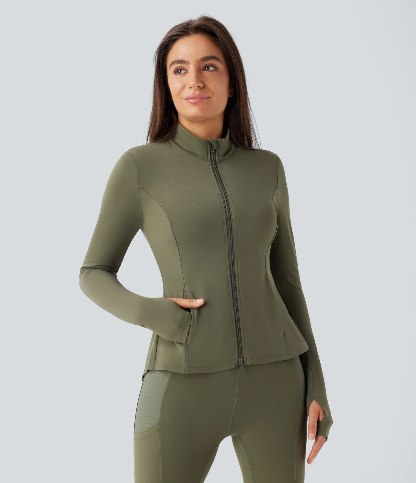 Chaqueta Slim SoftlyZero™ con Cuello Alto, Agujeros para Pulgares, Bolsillos Plisados y Cremallera-UPF50+