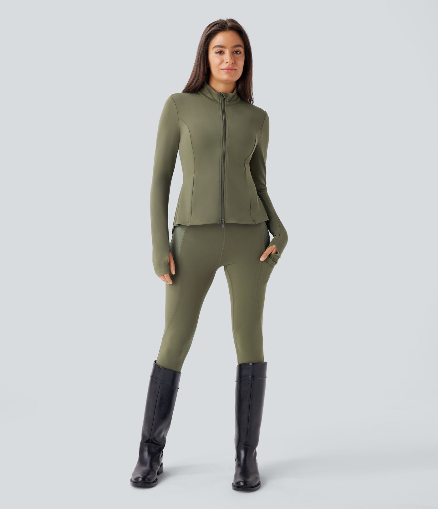 Chaqueta Slim SoftlyZero™ con Cuello Alto, Agujeros para Pulgares, Bolsillos Plisados y Cremallera-UPF50+