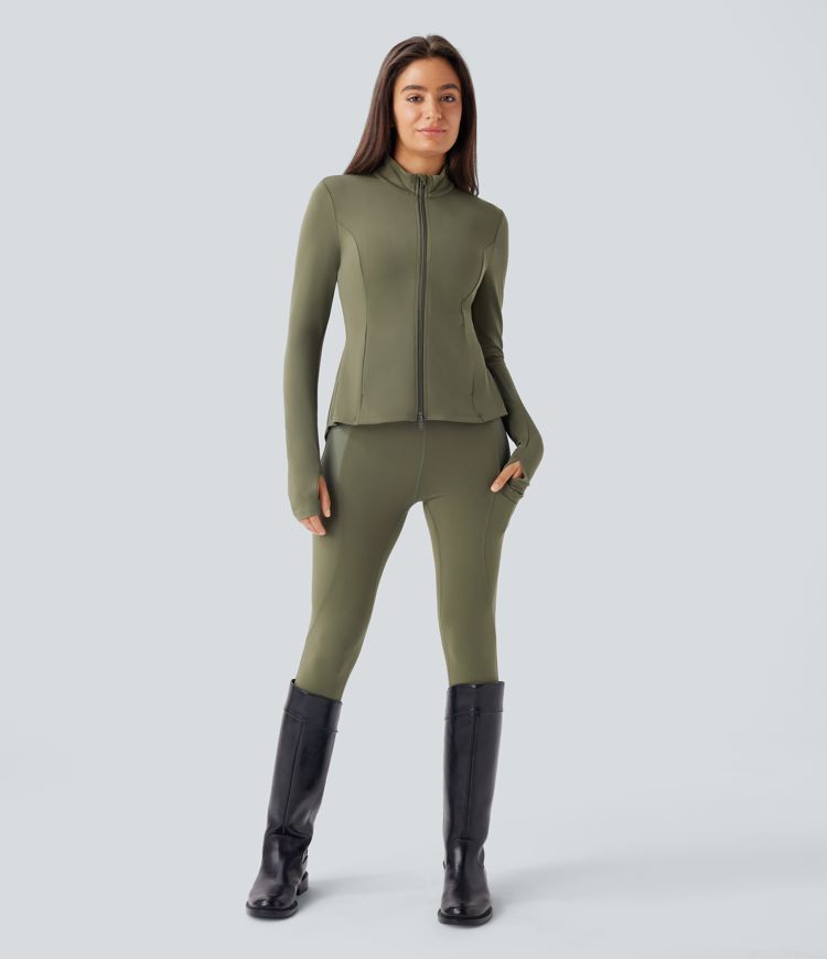 Softlyzero™ Stand Collar Thumb Hole Pockets Pleated Zipper Slim Equestrian Horse Riding Jacket-UPF50+