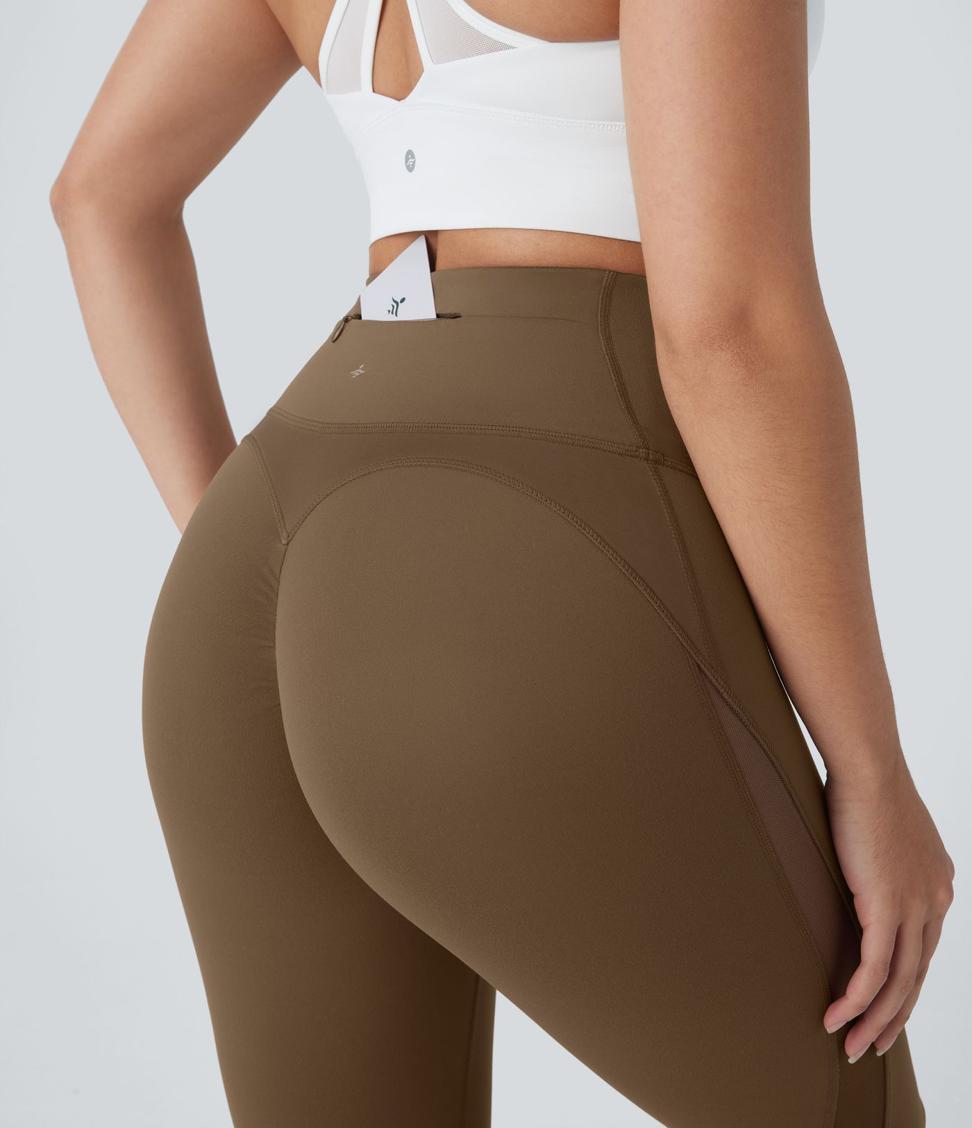 Leggings de entrenamiento 7/8 de cintura alta, moldeadores del abdomen, con cremallera trasera, con bolsillos y malla en contraste