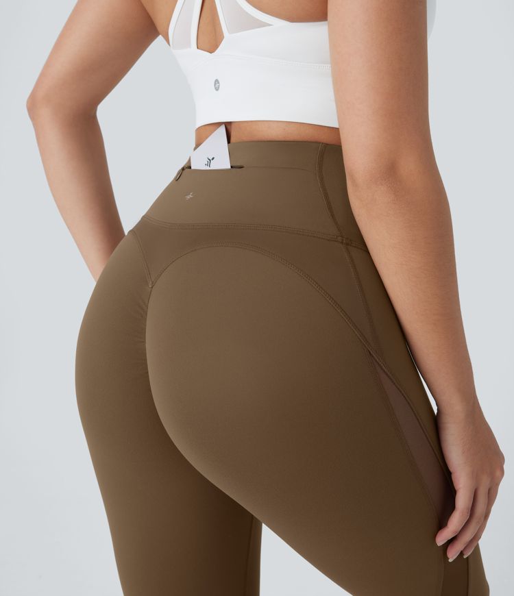 Leggings de entrenamiento 7/8 de cintura alta, moldeadores del abdomen, con cremallera trasera, con bolsillos y malla en contraste