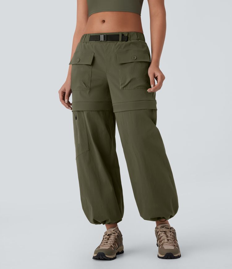 Water Repellent Low Rise Belted Multiple Pockets Adjustable Drawcord Ripstop Hiking Pants