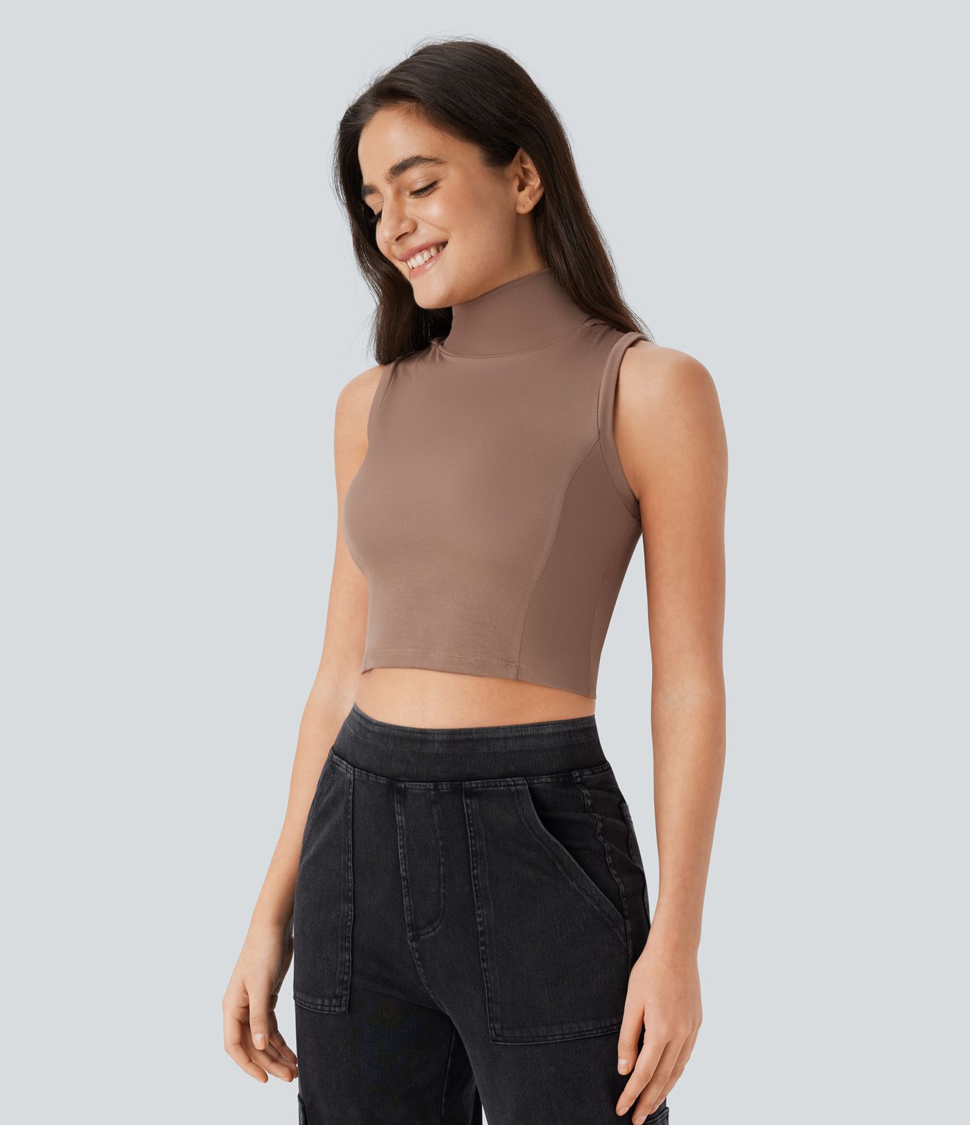 Ribbed Hooded High Neck Sleeveless Cut Out Cropped Casual Tank Top