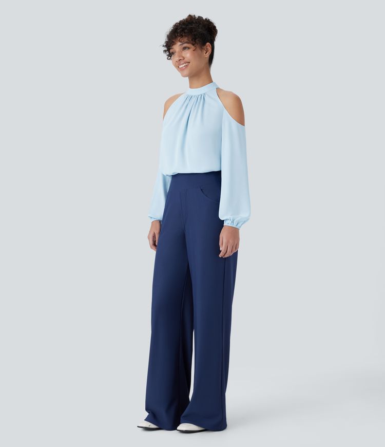 Lässige, schulterfreie Bluse mit Stehkragen, Knopfleiste und Bischofsärmeln