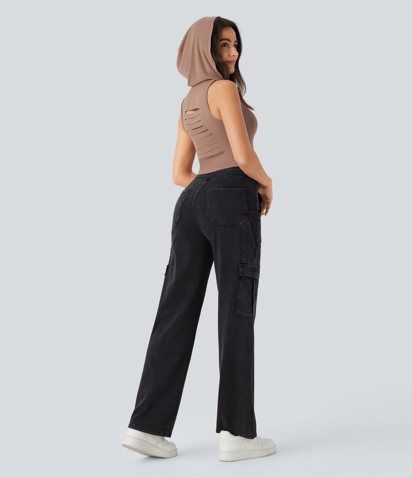 Ribbed Hooded High Neck Sleeveless Cut Out Cropped Casual Tank Top