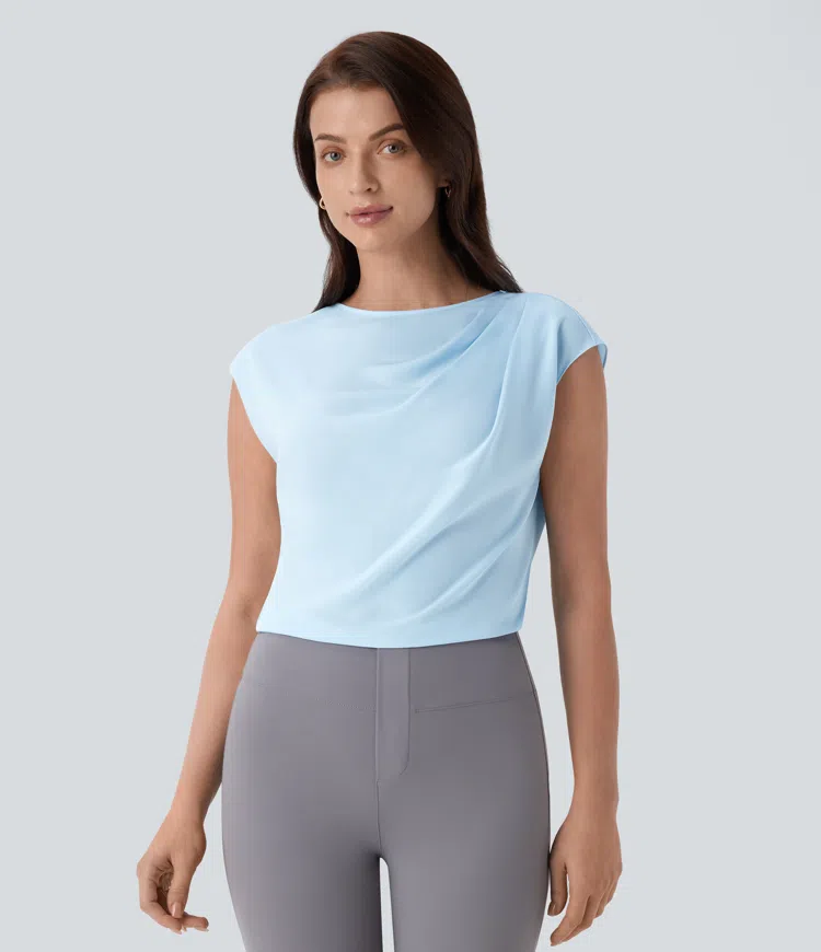 Boat Neck Ruched Cap Sleeve Back Work Top