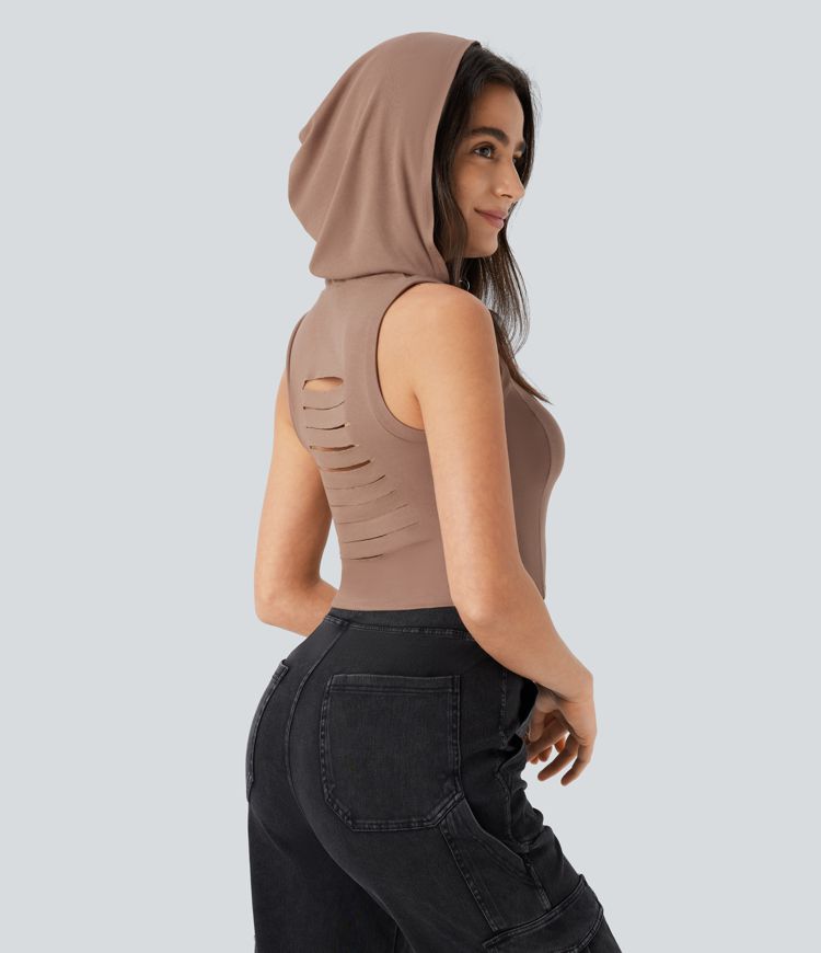 Ribbed Hooded High Neck Sleeveless Cut Out Cropped Casual Tank Top