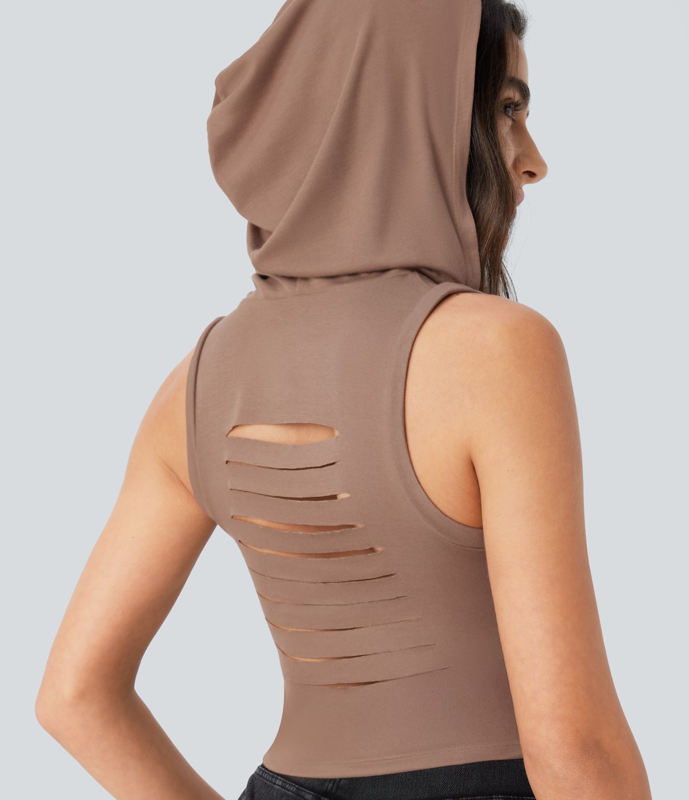 Ribbed Hooded High Neck Sleeveless Cut Out Cropped Casual Tank Top