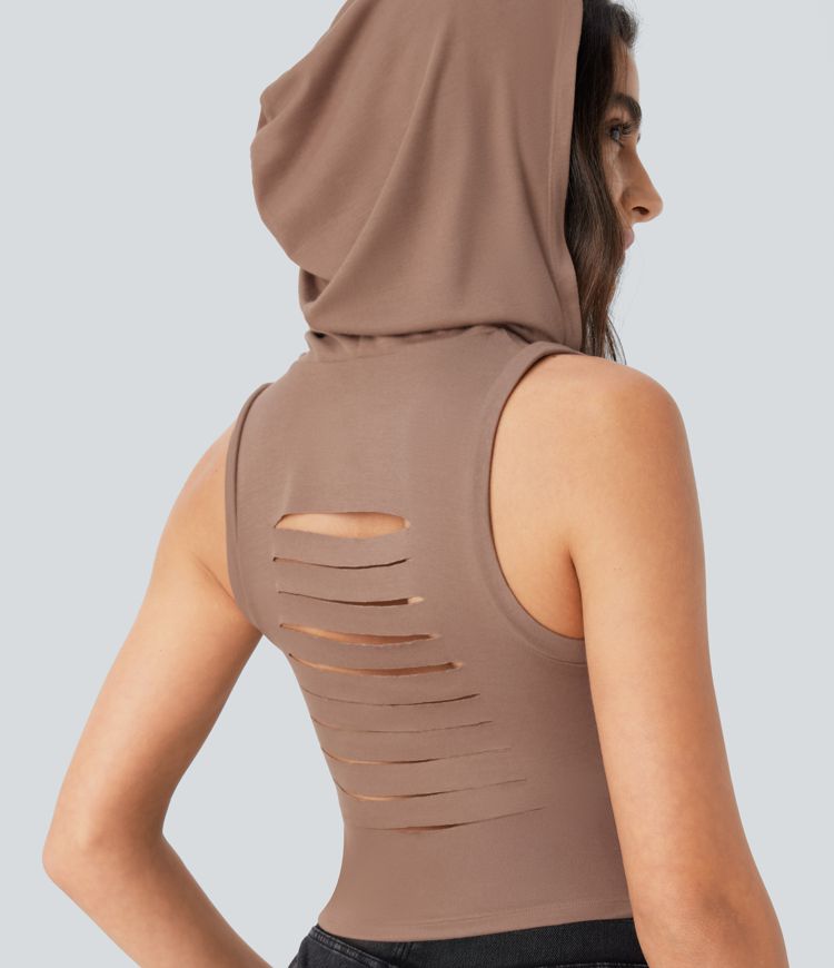 Ribbed Hooded High Neck Sleeveless Cut Out Cropped Casual Tank Top