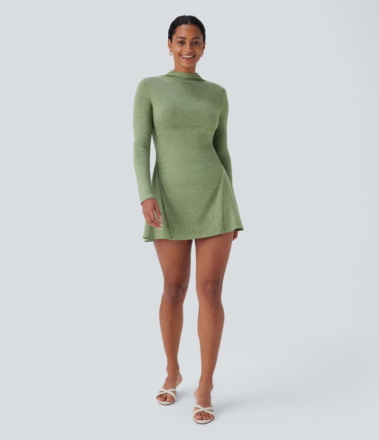 Stand Collar Long Sleeve 2-Piece Set Pocket Mini Casual Dress